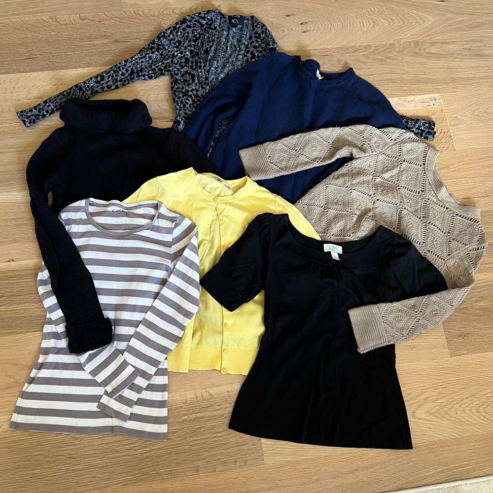 9 long-sleeve shirts,sweaters,3/4 length shirts.  XS and Small women’s tops